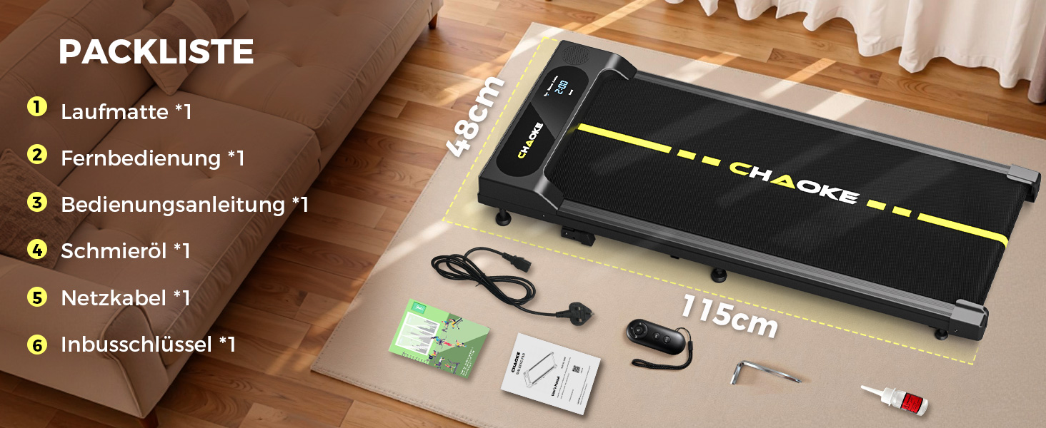 Walking Pad CHAOKE: біговий доріжка для дому з регулюванням швидкості 1-10 км/год, нахилом 9%, потужністю 2.75HP, вбудованими колонками та керуванням через додаток, до 160 кг, чорно-жовта, без встановлення, 2026