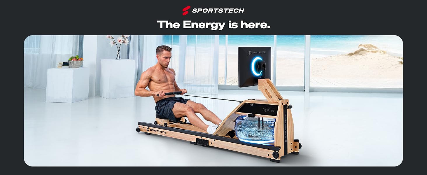 Гребний тренажер Sportstech AquaElite: водяний, складаний, з LED-дисплеєм 21.5' та обертовим резервуаром, екологічне дерево FSC®