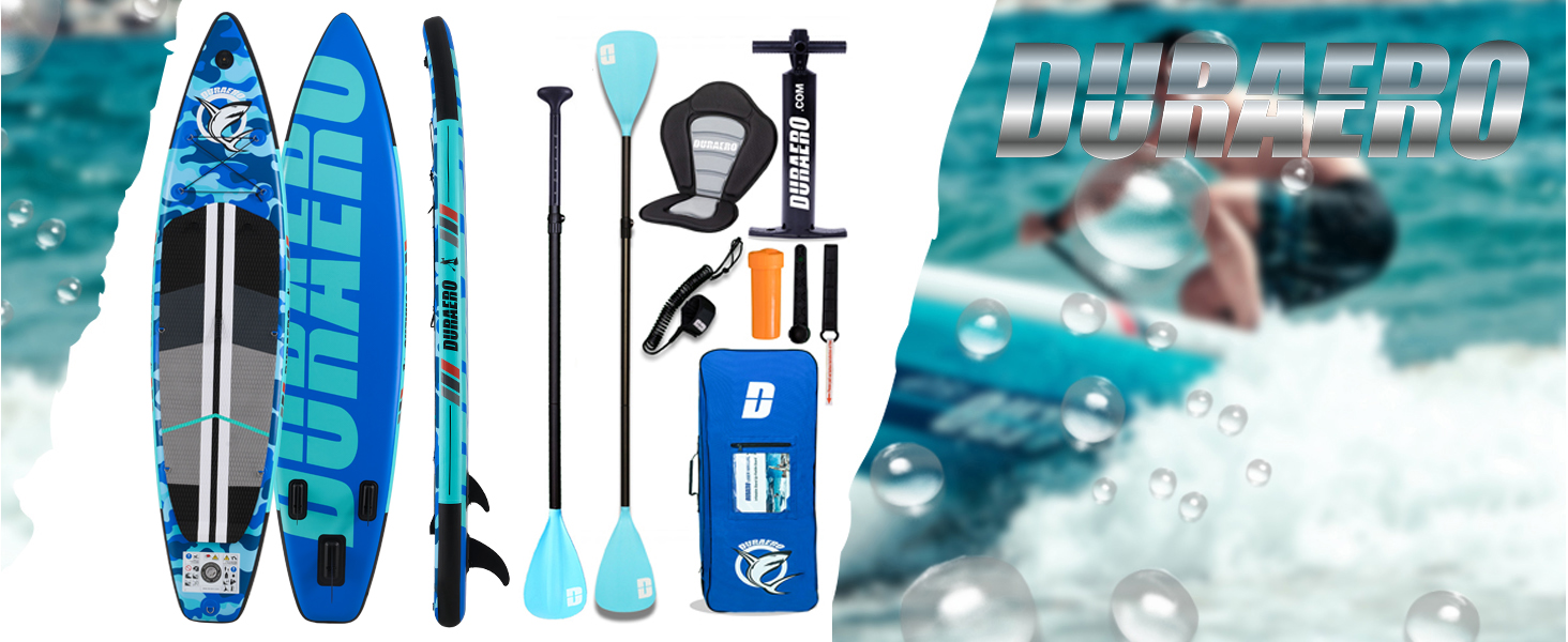 Надувний SUP-борд для веслування стоячи з каяковим сидінням, 330x76x15 см, вантажопідйомність до 150 кг, кріплення Cam, інтегрована підставка для ніг, 3 плавники, регульоване дволопатеве весло, повний комплект аксесуарів, блакитний камуфляж