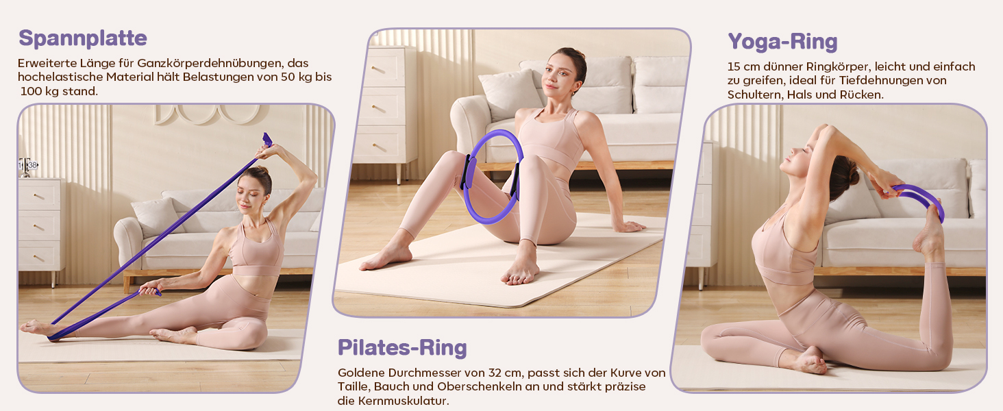 Набір для пілатесу 13 шт: кільце 13', фітбол 10' та еластичні стрічки для жінок. Комплект обладнання для пілатесу для початківців, фітнес-стрічки та аксесуари. Violett