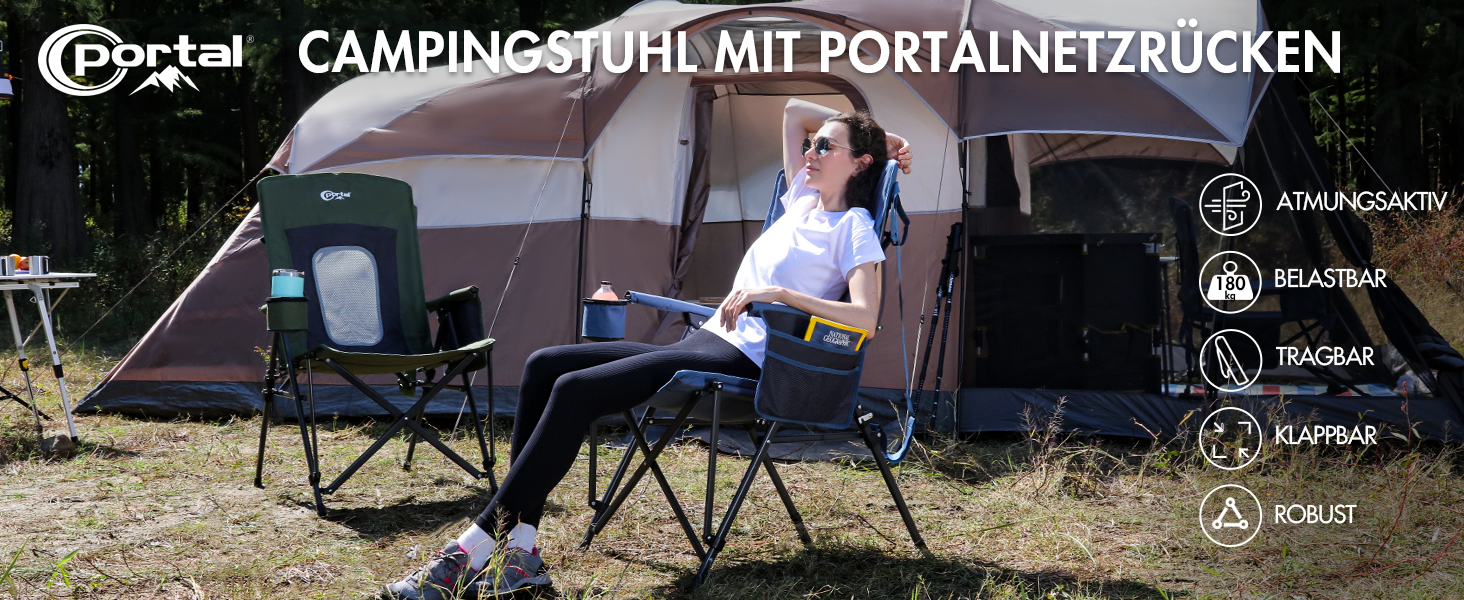 Крісло для кемпінгу Portal: складне, міцне (180 кг), з високою спинкою, з кишенею та тримачем для напоїв. Ідеально для риболовлі, саду, балкону та пікніків (Блакитний)