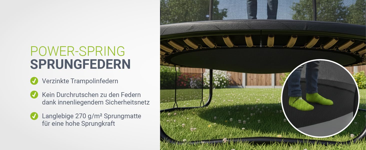 Батут Juskys SkyBounce – Ø 228/305/366 см, Outdoor, з сіткою безпеки, сходами та пружинами PowerSpring