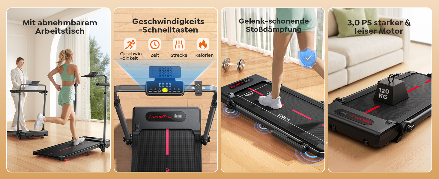 Складана бігова доріжка для дому з нахилом 7%, Walking Pad до 12 км/год, з регульованим поручнем та знімним робочим столом, двигун 3.0 к.с., керування через додаток та пульт, червоно-чорна