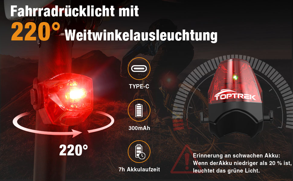 Велофара Toptrek 100LUX: комплект передньої та задньої велофари USB, водонепроникний IPX5, схвалено StVZO
