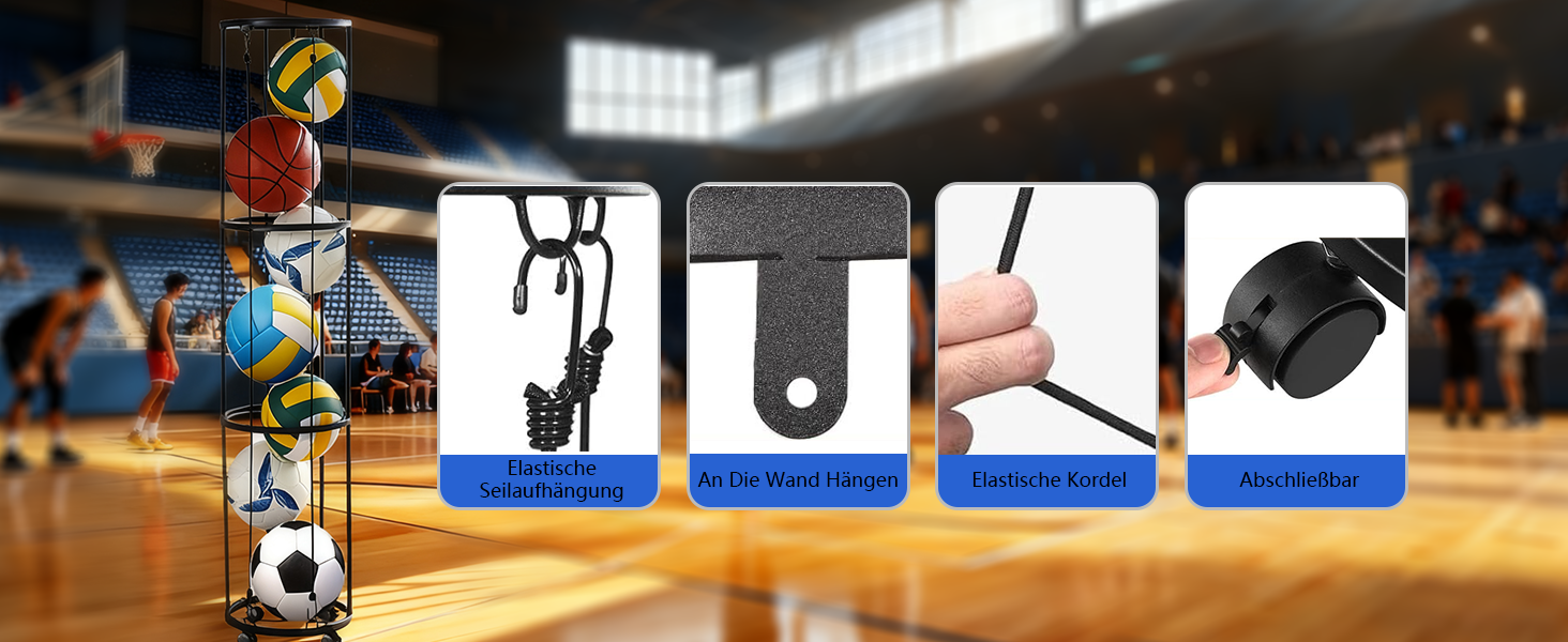 Стійка для м'ячів з колесами, настінна, 3-ярусна: для баскетболу, футболу, волейболу