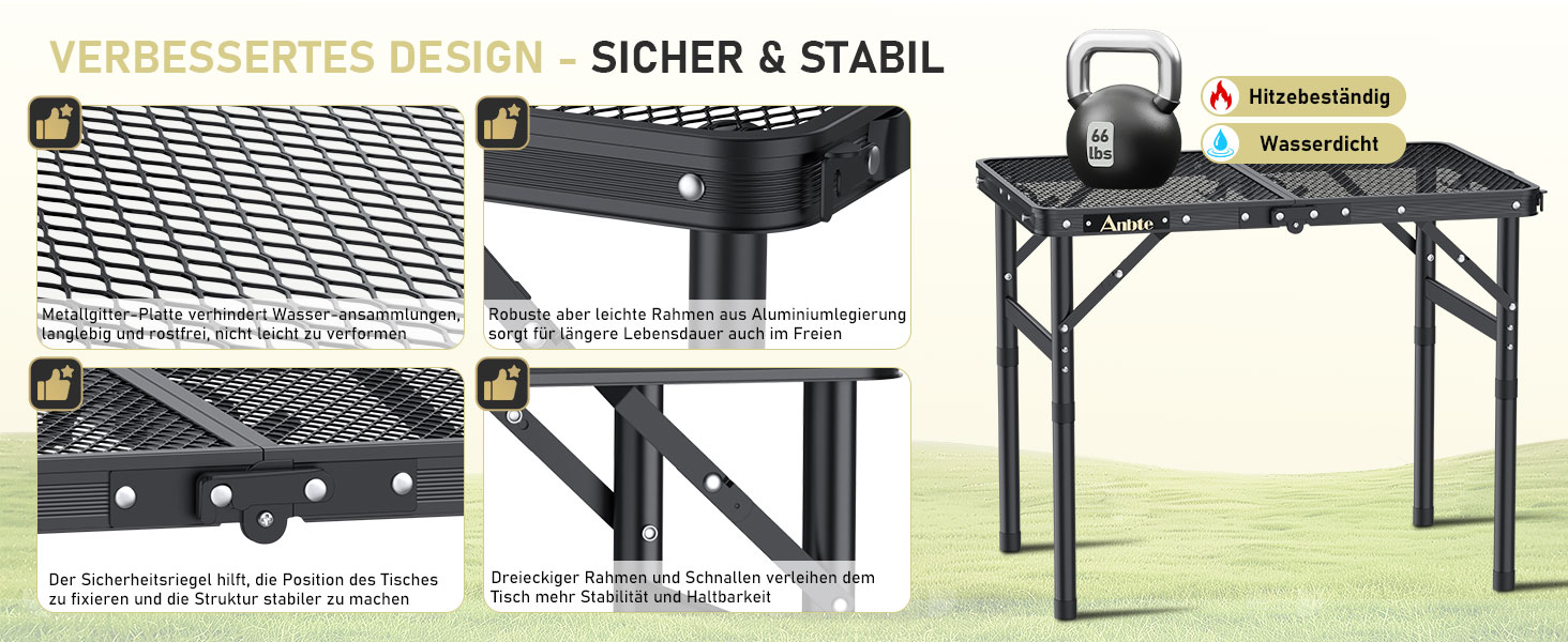 Стіл для кемпінгу Anbte Grilltisch 58x40 см, металевий, регульована висота (26/48/70 см), алюмінієвий каркас, чорний