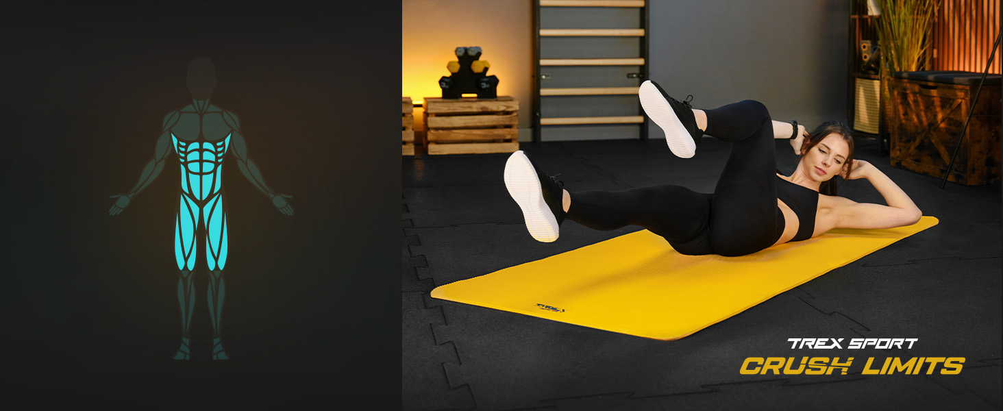 TREX SPORT Килимок для гімнастики та фітнесу, 190x80x1 см, жовтий | Килимок для йоги з неслизьким покриттям та ручкою для перенесення