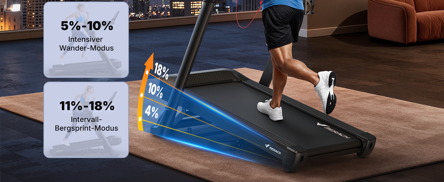 Біговий тренажер MERACH для дому з нахилом 18%, автоматична зміна нахилу, 1-14 км/год, складаний, потужність 3.5HP, розмір 46*120 см, 12 програм, чорний