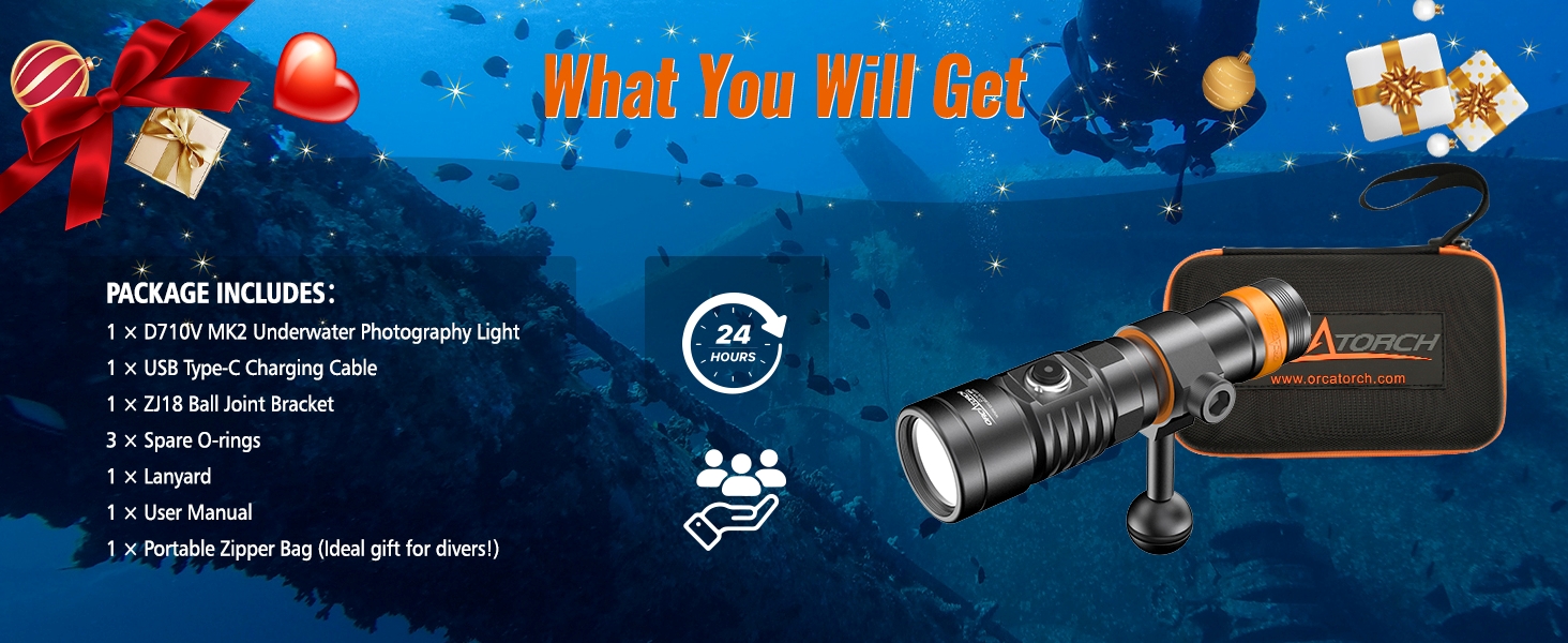 Ліхтар підводний ORCATORCH D710V MK2 з 2300 люменів, білий+UV+червоний світлодіодний, IP68 водонепроникний, 150м, для відеозйомки, дайвінгу, кемпінгу