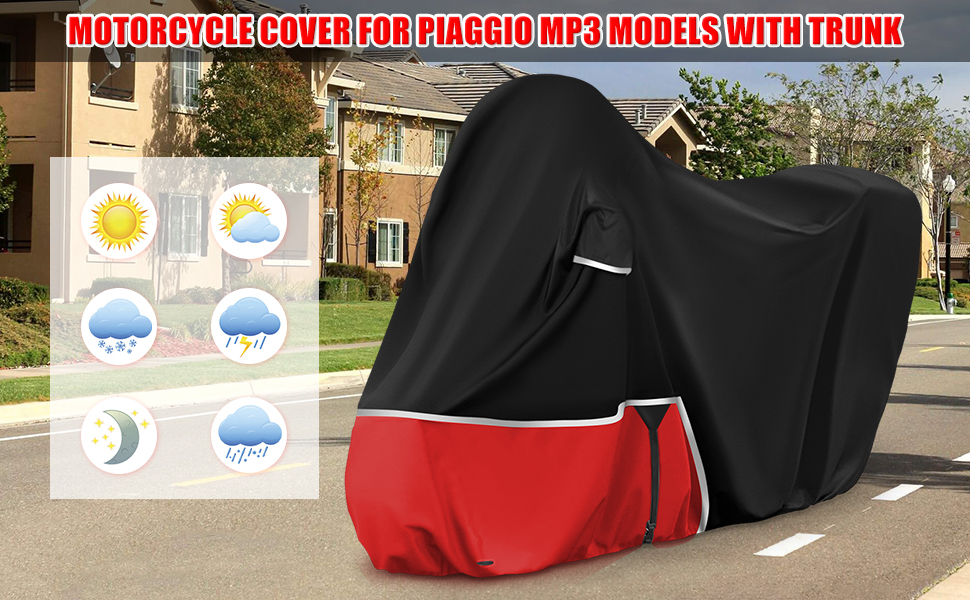 Водонепроникний чохол для мотоцикла Piaggio MP3 400/500 (з кофром), чорний та червоний, 420D Oxford