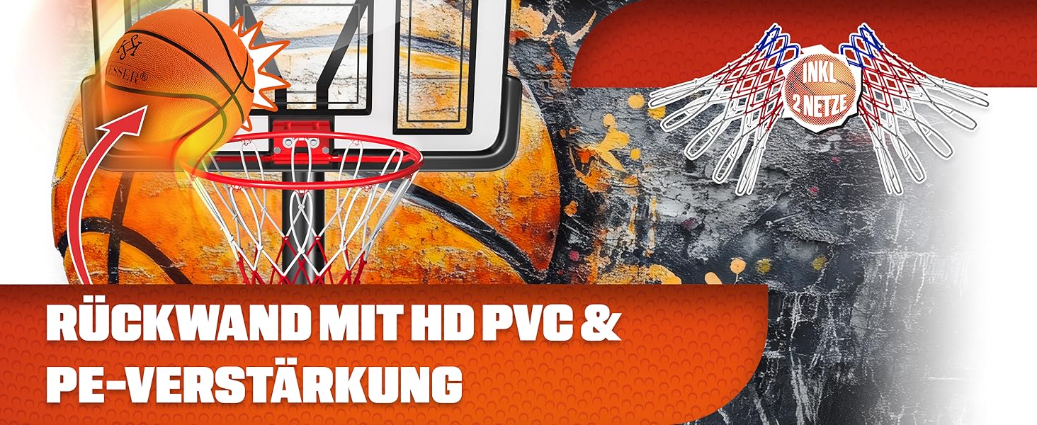 Курка баскетбольна KESSER® Outdoor зі стійкою та колесами. В комплекті 2 сітки, м'яч та насос. Регульована висота 230-305 см. Чорний колір. Підходить для дорослих та дітей.