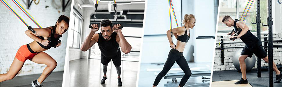 Набір фітнес-гумок 5 шт. з різними рівнями опору, з дверними фіксаторами, ручками та кігтями для щиколоток. Підходить для чоловіків та жінок, 8 кольорів. Для м'язового розвитку та пілатесу.