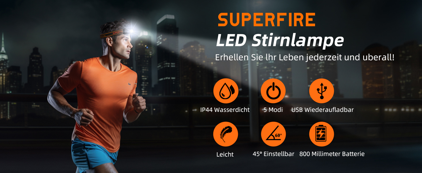 Налобний ліхтар SuperFire LED, 2 шт., перезаряджається USB, з червоним миготком, 5 режимів, регульований, для дорослих та дітей, біг, рибалка, кемпінг, водонепроникний, чорний
