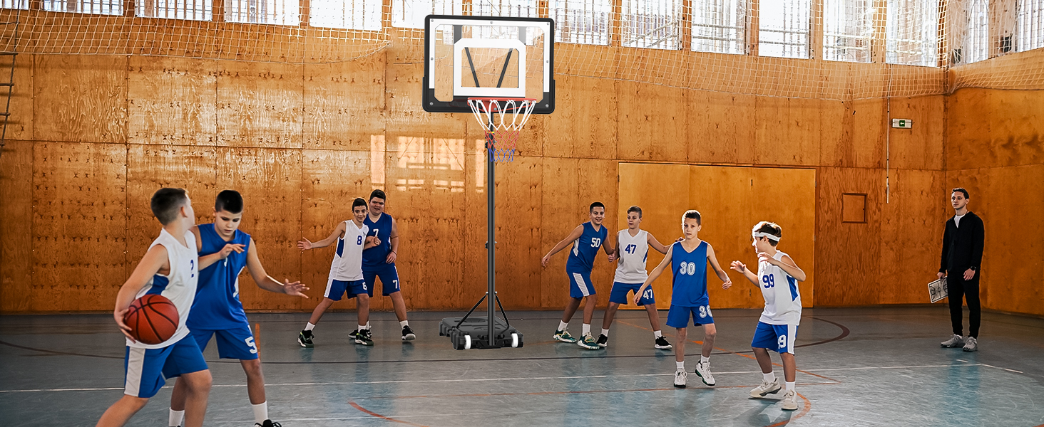 Баскетбольний кошик для вулиці, дитячий, регульована висота 150-210 см, стійка з міцною задня стінкою 80x60 см, збільшена база та колеса, чорний