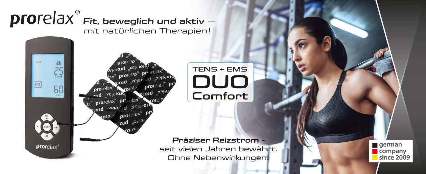 Prorelax TENS/EMS Duo Comfort Blackline: електростимулятор для м'язів та зняття болю | 2 терапії в одному пристрої, великий дисплей