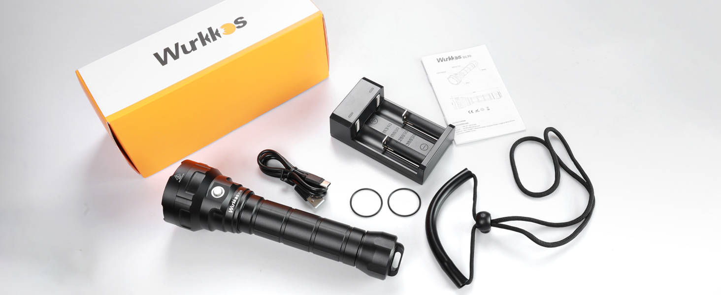 Ліхтар під водою Wurkkos DL70, 13000 люмен, 4 x XHP50.2 LED, акумулятор 2 x 5000 mAh, з зарядним пристроєм