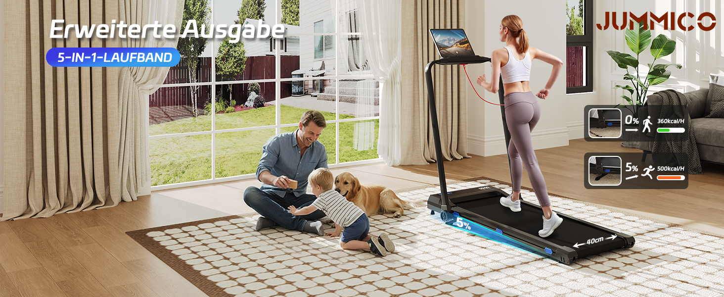 JUMMICO Ходункова доріжка для дому, складана, з робочим столом, ширина доріжки 40 см, швидкість 1-12 км/год, тримач для планшета, з додатком та магнітною пульт дистанційного керування