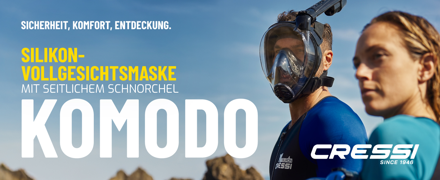Маска для снорклінгу CRESSI Komodo – повна маска Dry з широким оглядом 180° та боковим загубником. Без запотівання, регульовані ремінці M/L, чорний колір.