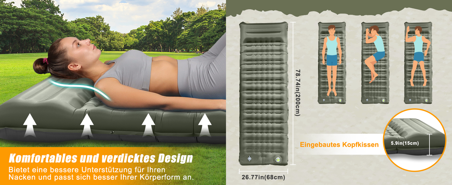 Isomatte Camping Саморозкладаючася, 12 см, Товста Надувна Матрац для Туризму, Водонепроникна Матрац з Ніжкою-Накачувачем та Подушкою, Анти-Тріпстоп Спальник для Піших Походів та Пляжу, Оливковий (Армійний)