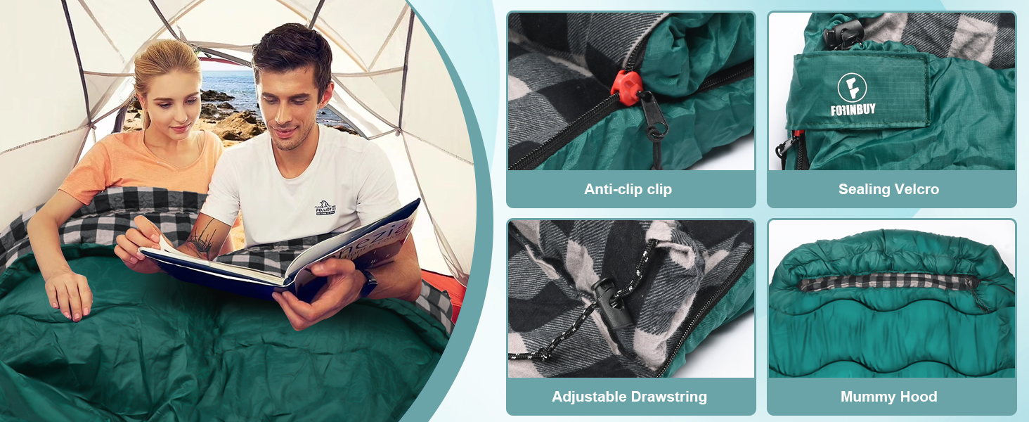 Спальний мішок Baumwolle для 2 осіб, зимовий, водовідштовхувальний, великий (Queen Size), для кемпінгу та подорожей на автодомі (темно-зелений-сірий)
