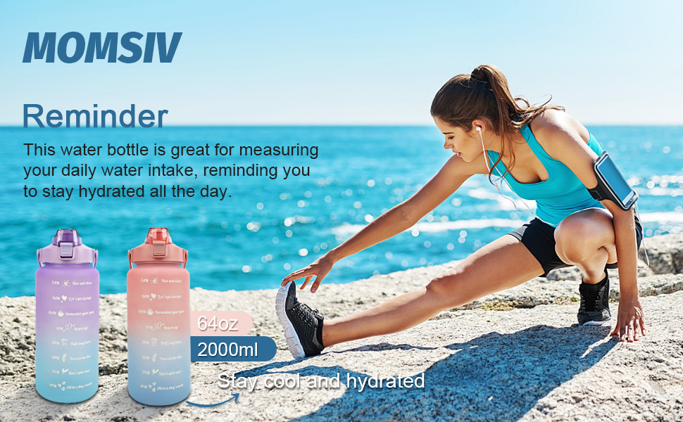 Спортивна пляшка для води MOMSIV 2L з трубочкою та відсіком для фруктів, з позначками часу, чорно-рожева, BPA Free