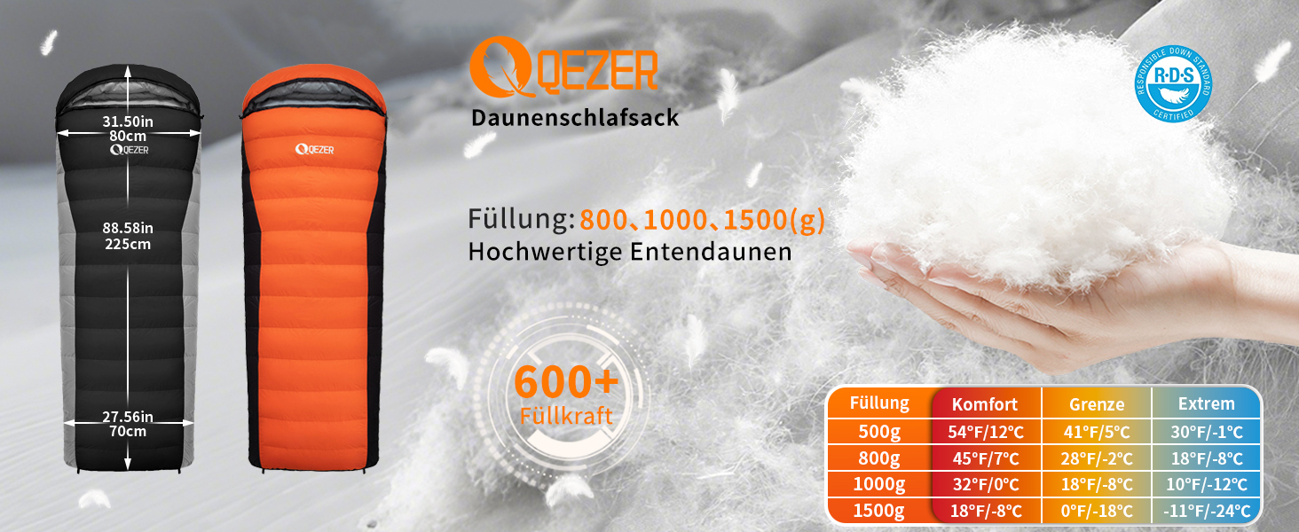 Сплячий мішок пуховий зимовий, 600FP+ Premium, 12°C -24°C, 3-4 сезони, для кемпінгу, трекінгу, походів, оранжевий