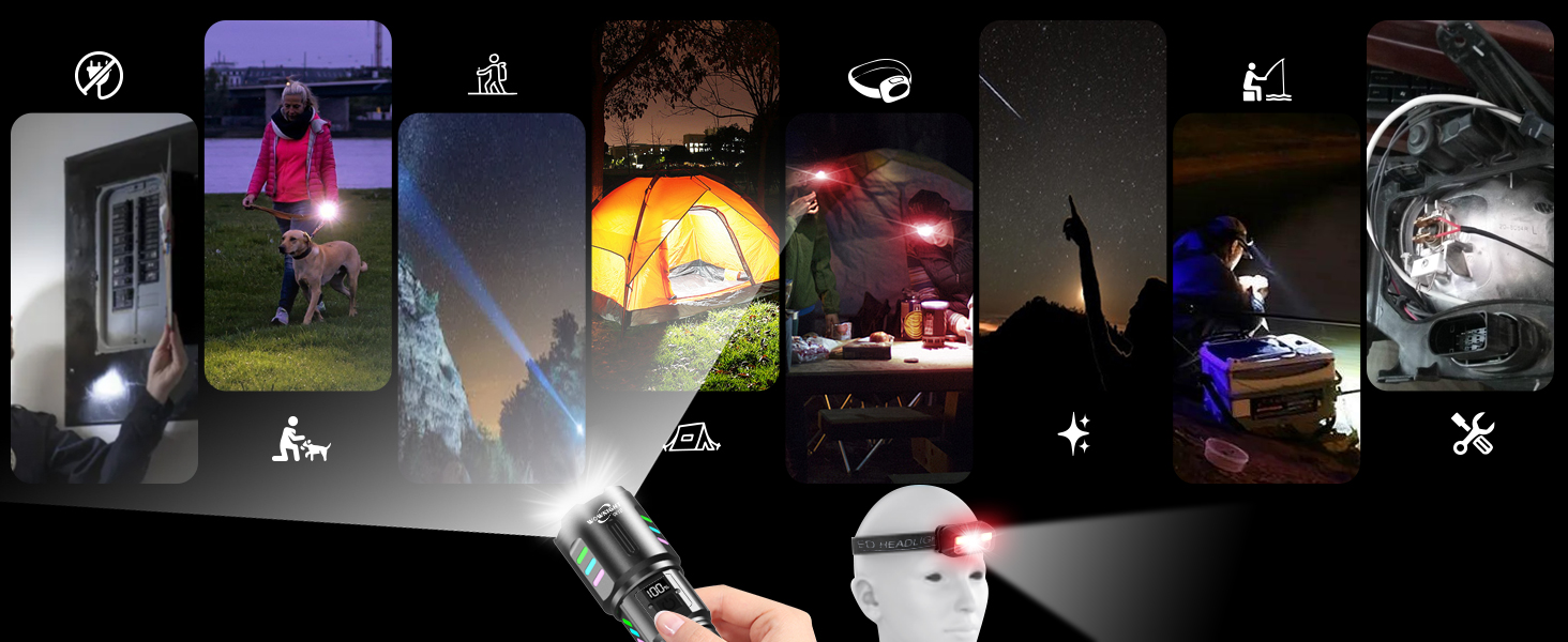 Ліхтарик WOWNIGHT LED акумуляторний, тактичний, 5 режимів, регулювання яскравості, для кемпінгу та надзвичайних ситуацій, чорний