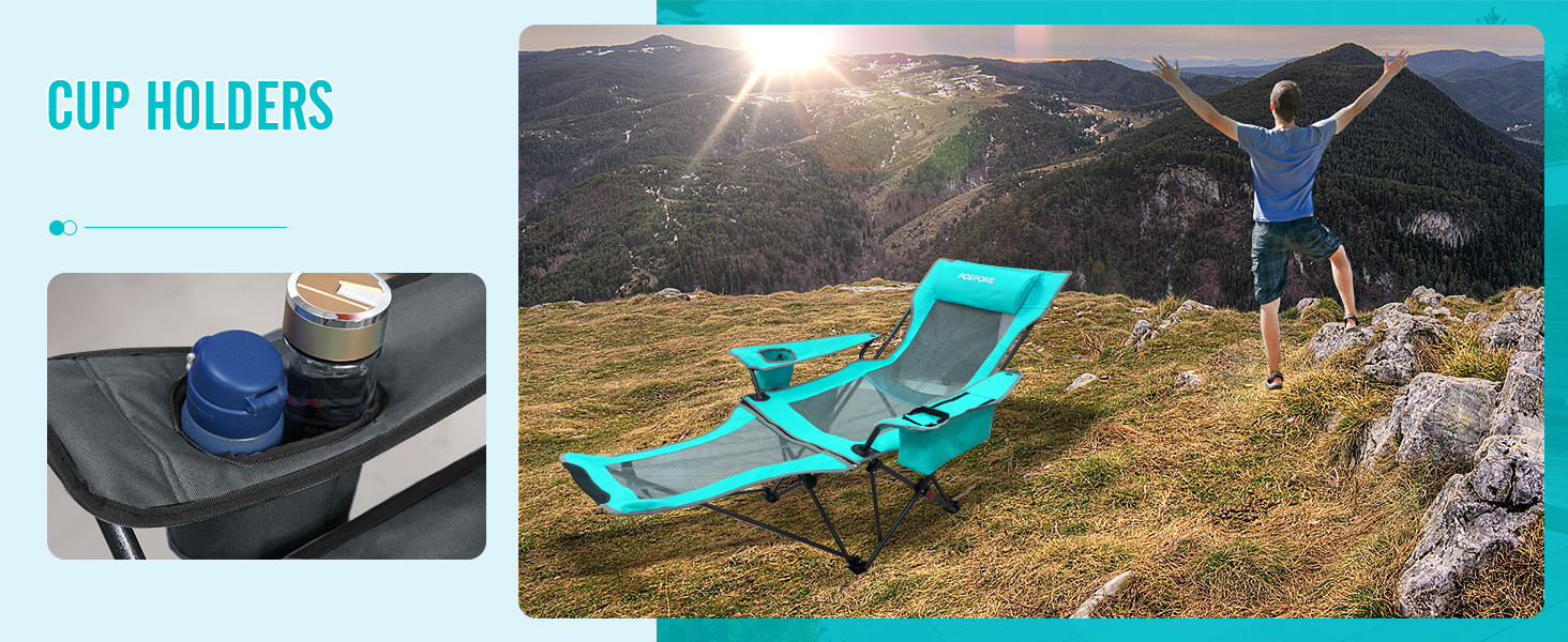 Крісло для кемпінгу Poeopore складне з підставкою для ніг, 4-х секційне, для відпочинку на пляжі та риболовлі, витримує до 120 кг, з кишенькою-холодильником, подушкою та тримачем для напоїв, блакитне