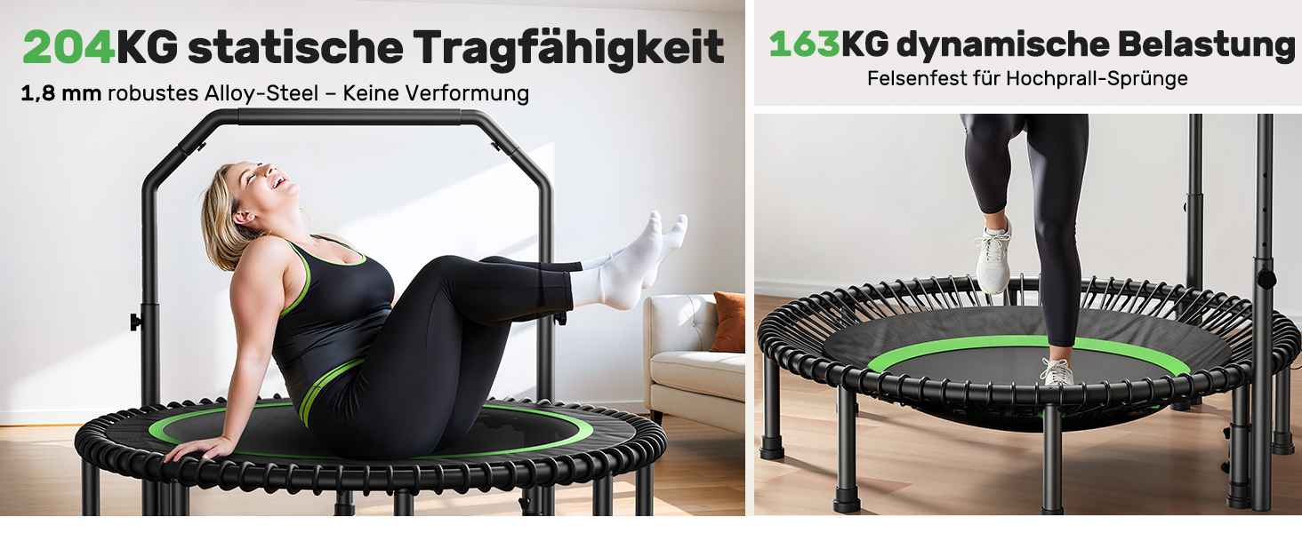 Трамплін для дорослих BCAN Rebounder 122 см, до 250 кг, з регульованою ручкою, для дому та вулиці, тренування всього тіла, зелений