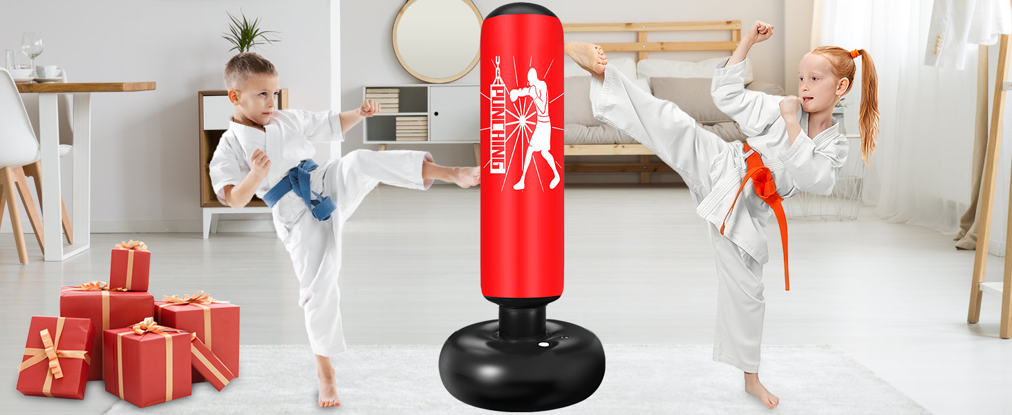 Груша боксерська дитяча Ninonly 160 см з рукавичками та насосом. Стійка груша для боксу в приміщенні, на вулиці, в спортзал для хлопчиків та дівчаток. Червоний колір.