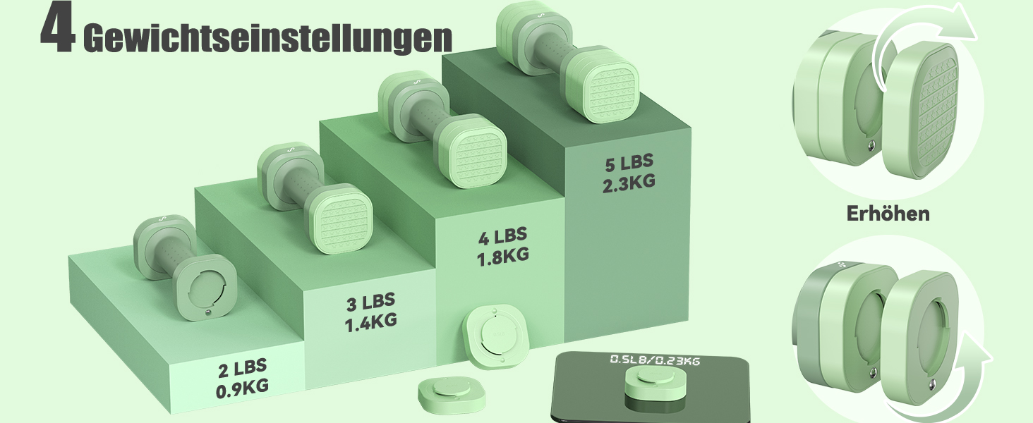 Sportneer Регульовані гантелі для жінок - набір 2 шт (0.9–2.3 кг кожна), 4-в-1, з неслизьким TPU-покриттям, для домашнього фітнесу, силових тренувань (зелені)