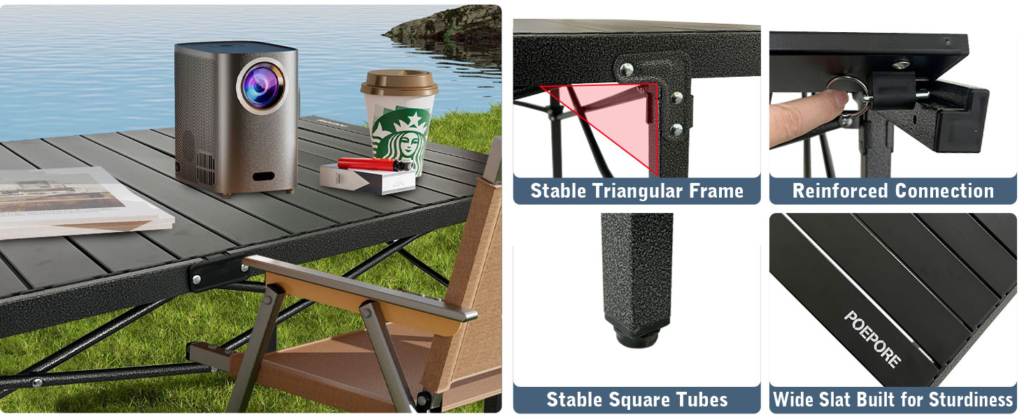 Стіл для кемпінгу Poeopore, розкладний, алюміній, великий, на 4-6 осіб, чорний, 140 x 70 x 70 см