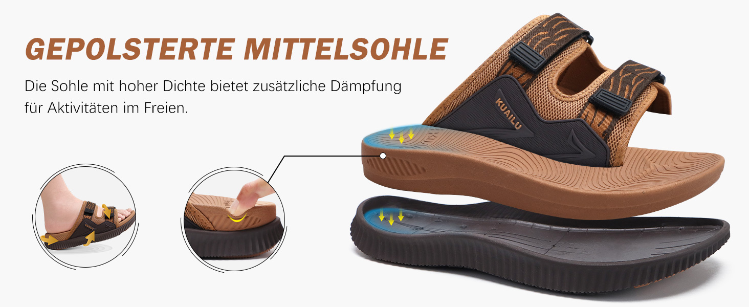 Чоловічі спортивні сандалі KuaiLu з м'якою устілкою, ортопедичні для фасціїту, для активного відпочинку та походів, легкі, відкриті, з регульованою застібкою-липучкою, чорні, 45 EU