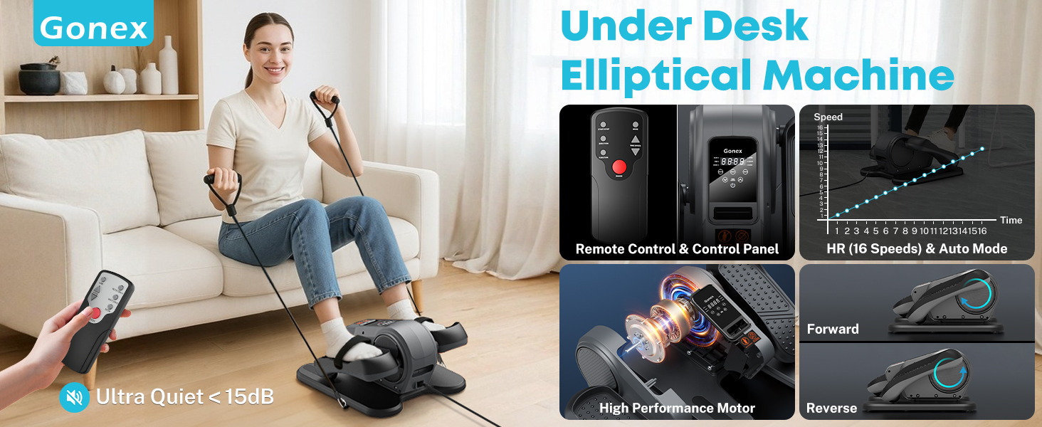 Еліптичний тренажер Gonex під стіл для літніх людей, електричний, з пульт дистанційного керування, 16 рівнів швидкості, ручний та автоматичний режими, сірий
