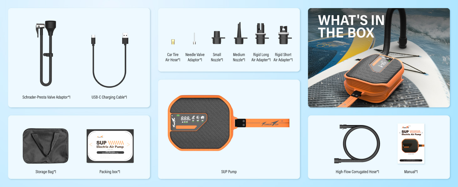 Електричний насос для SUP TowerTop 10.500 mAh, 50 PSI з вентилятором охолодження та LCD-дисплеєм – для надувних дощок