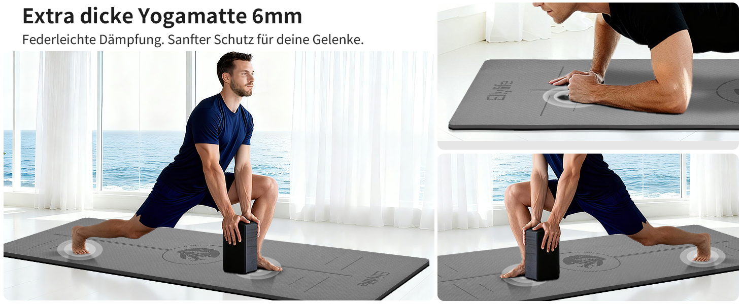 Протиковзкий килимок для йоги та пілатеса з еко-каучуку та TPE, 6мм, сірий — з лініями розмітки та ременем для перенесення