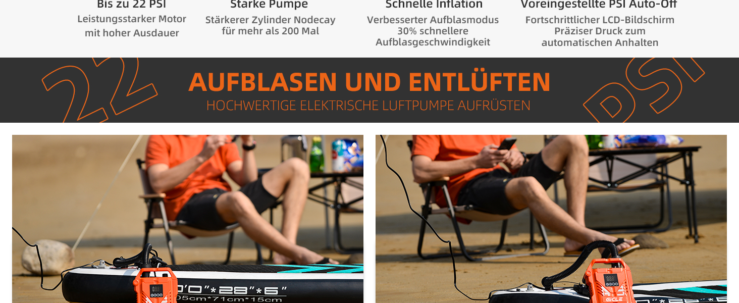 Насос для SUP дошки GICLE 22PSI, електричний, 12V, для надувних SUP дошок, човнів, наметів, помаранчевий