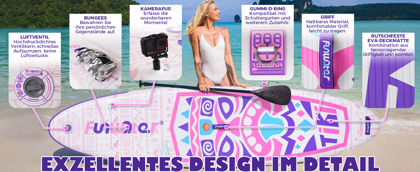Надувний SUP Борд FunWater 10'6'-11'6' – для початківців та сімей, з антиковзким EVA-деком, веслом, насосом та аксесуарами (10'6-TIKI-Pink/Violett/Weiß)