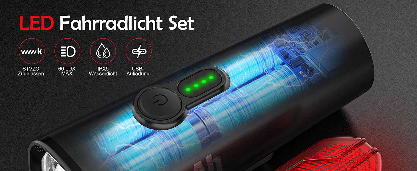 Набір велосипедних ліхтарів SFGSUP LED з USB зарядкою, водонепроникні (IPX5), схвалені StVZO