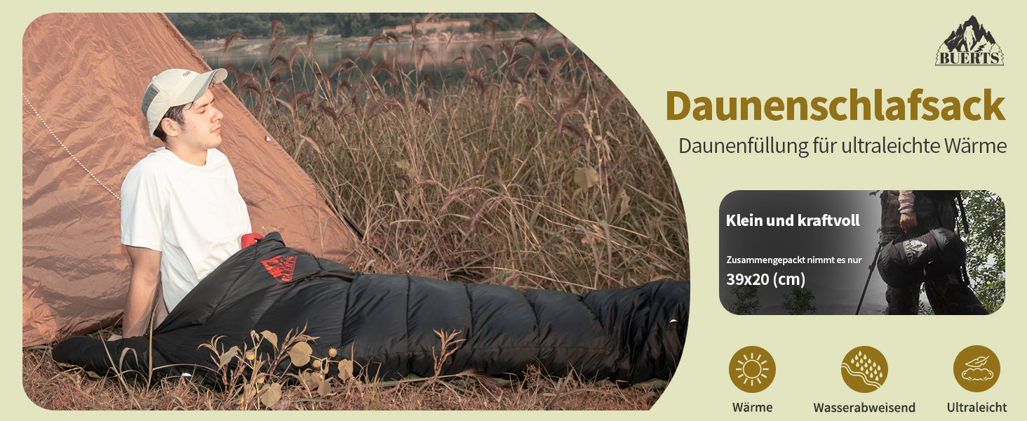 Спальний мішок BUERTS Daunen, 620FP, компактний, для дорослих та підлітків, 16°C, чорний