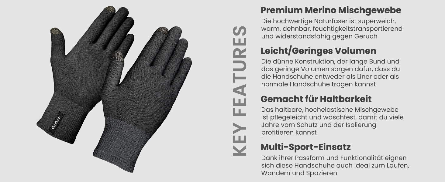 GripGrab Merino Liner: термо рукавички з мериносової вовни для велосипеда, катання, щоденного використання та походів, чорний, M/L