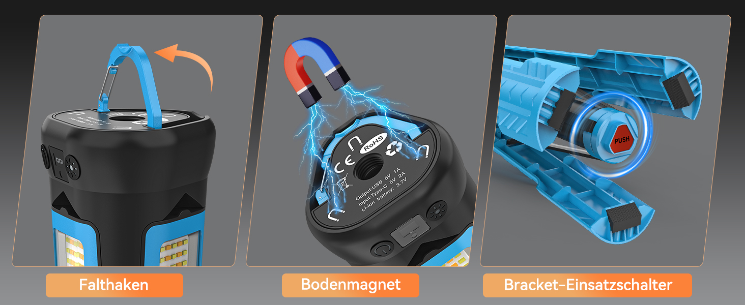 Портативна LED кемпінгова лампа 15000mAh з регулюванням яскравості, штативом, IP65, для кемпінгу, подорожей, будівництва та надзвичайних ситуацій, блакитна