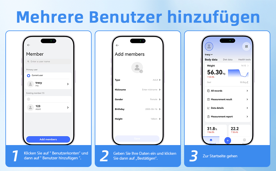 Розумні ваги для аналізу складу тіла з визначенням відсотка жиру, м'язової маси, BMI та вісцерального жиру, 25 показників, BIA-технологія, до 225 кг, чорні
