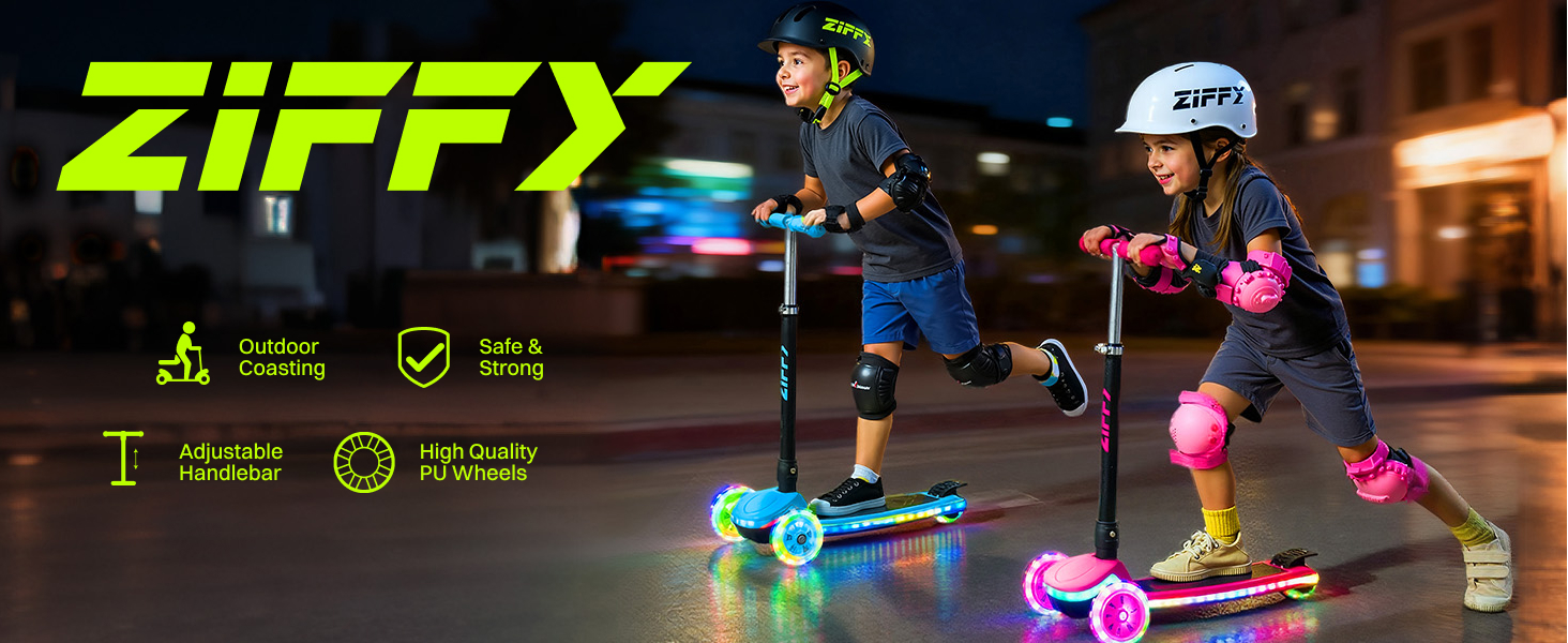 Самокат дитячий Ziffy з LED підсвіткою, регульованою ручкою (4 положення) та широкою антиковзною декою, до 50 кг (Rot/Ausflug)