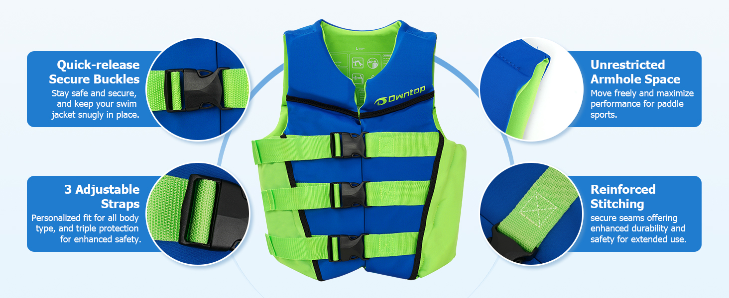 Owntop Жилет рятувальний дитячий та підлітковий, фіолетовий, M. Регульований, з триразовою системою безпеки. Підходить для каякінгу, плавання, риболовлі та снорклінгу.