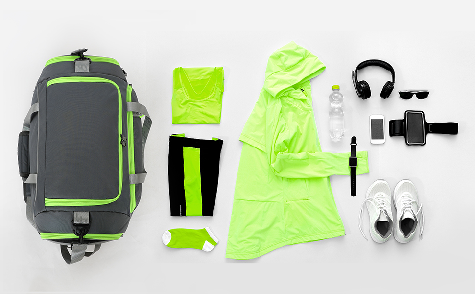 Спортивна сумка для подорожей INOXTO, складана дорожня сумка з відділенням для взуття та мокрих речей, універсальна сумка для кемпінгу та вікенду (Сіра з флуоресцентним зеленим)