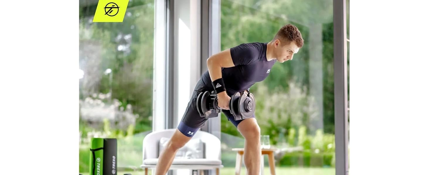 Регульована гантель TREXO 18-40 кг з поворотним регулятором ваги. Залізна гантель для силових тренувань з ергономічною ручкою.