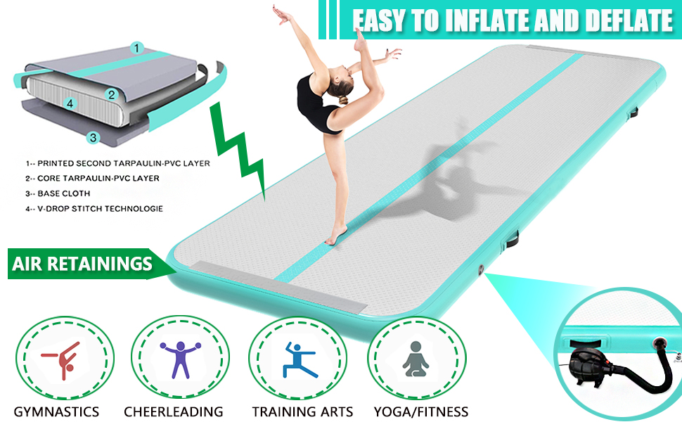 Надувний гімнастичний мат для дому, 300x100x10 см (м'ятно-зелений)