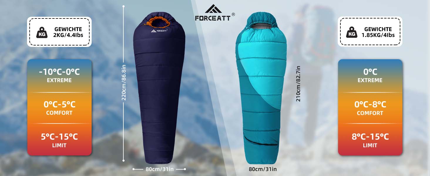 Сплячий мішок Forceatt -10°C~15°C 4 сезони, зимовий для дорослих, водонепроникний, ультралегкий для кемпінгу, подорожей, туризму та відпочинку. 0°C - Синій