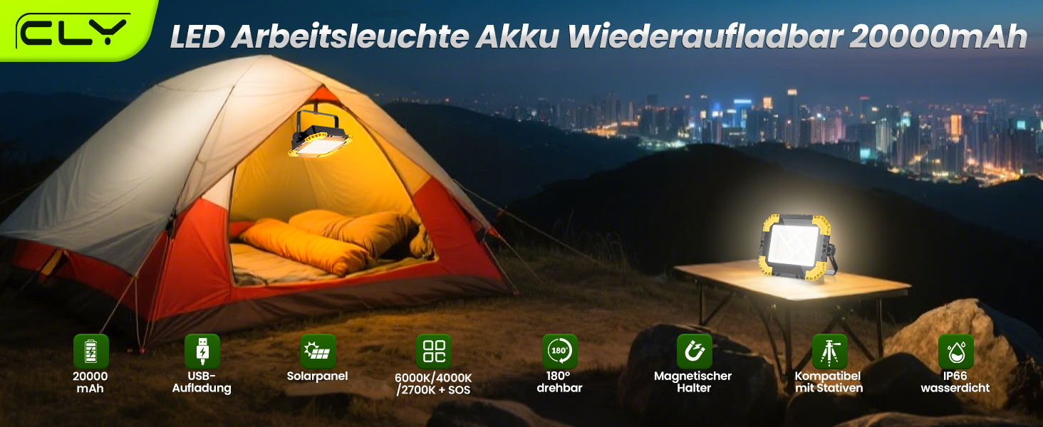 LED прожектор на акумуляторі CLV 200W, 20000mAh, IP66, вологостійкий, 4 режими, 2 рівні яскравості, для кемпінгу, USB, сонячна панель, для будівництва, жовтий